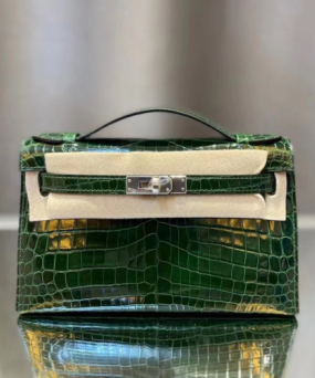 에르메스 켈리 포쉐트 그린 은장 샤이니 악어가죽